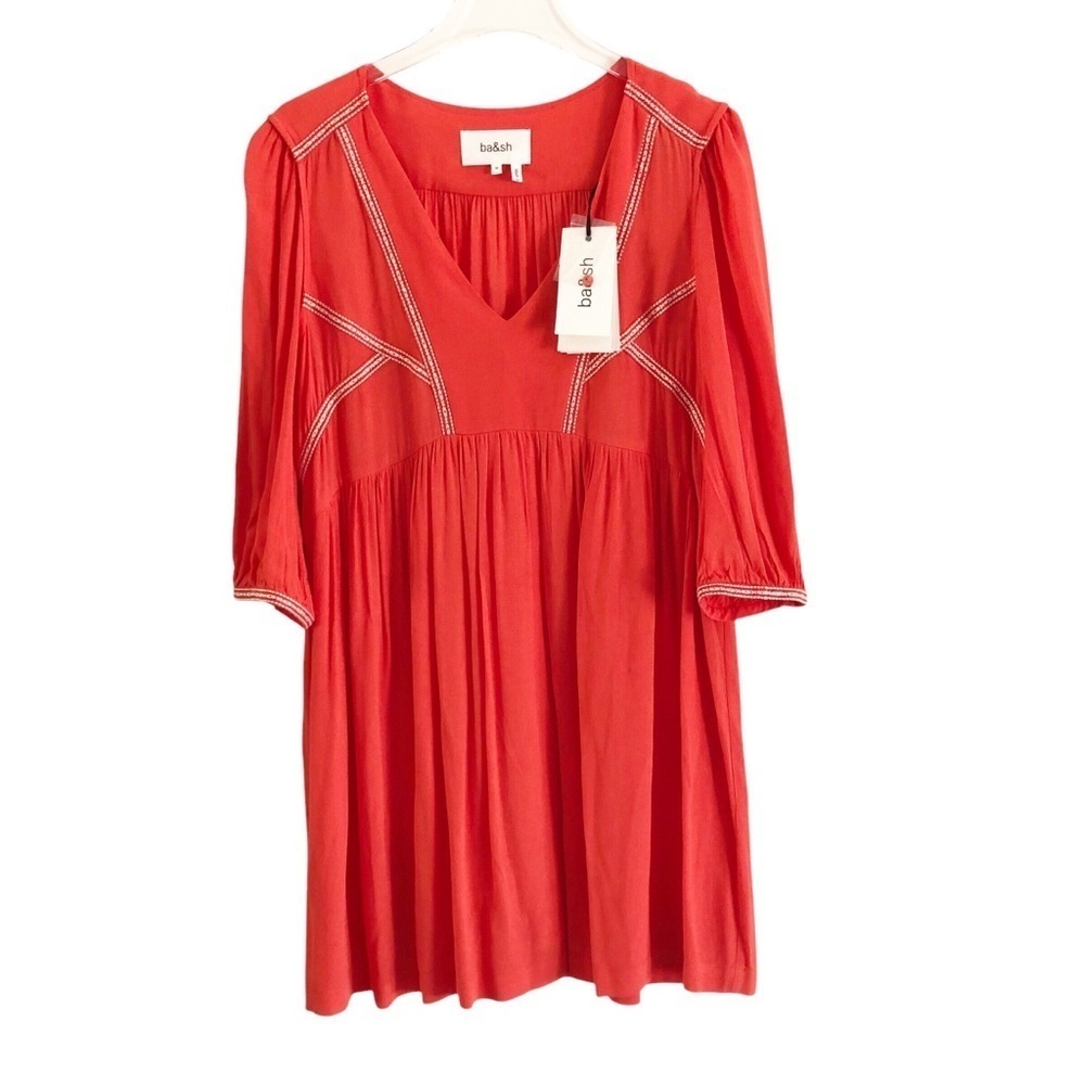 ba&sh Red V-Neck Embroidered Babydoll Dress